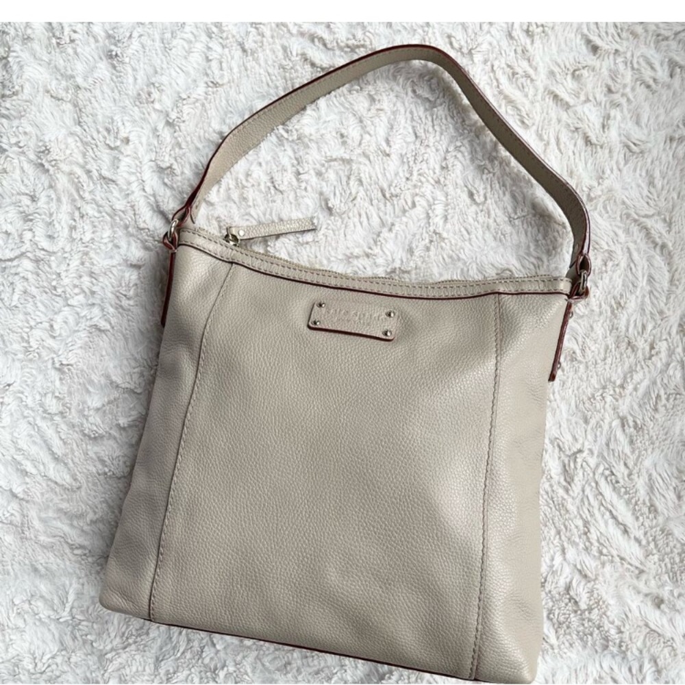 Kate Spade pebbled leather shoulder hobo bag purse handbag bone taupe zipper